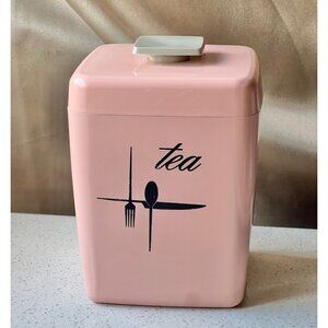Lustroware MCM Pink Plastic Tea Canister & Lid with Handle Utensil Graphic